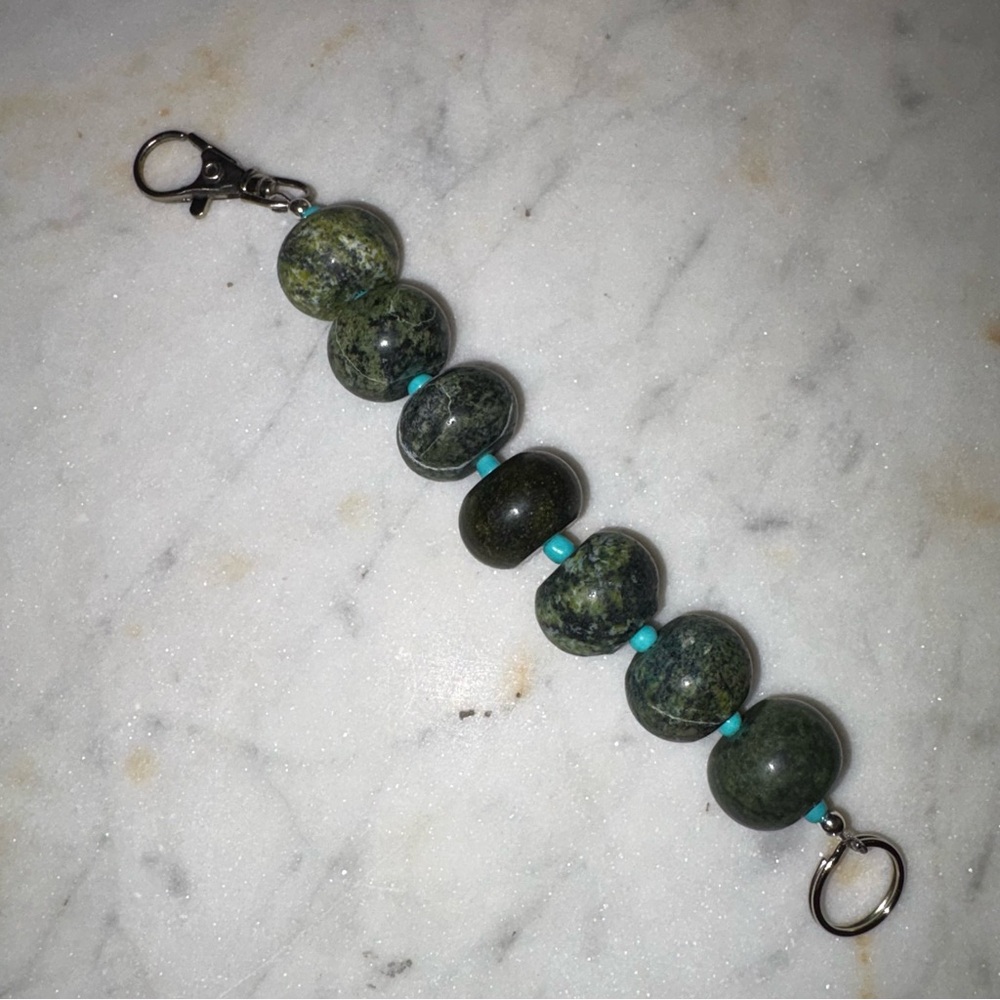 Blue Green Serpentine Large Stone Beaded Keychain or Bag Dangle
